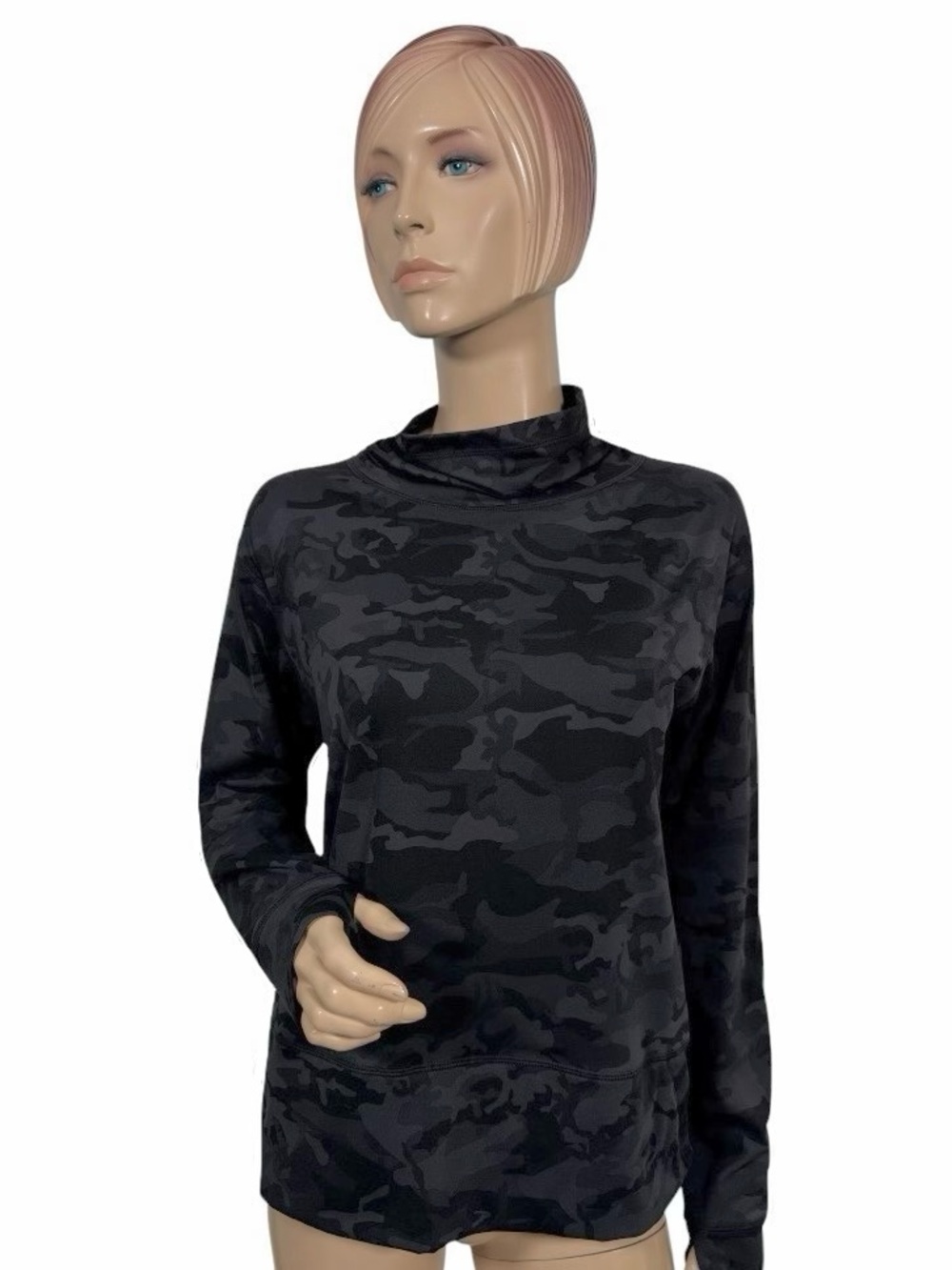 Black Camo Mock Neck Athletic Pullover Stretch Activewear Top Small